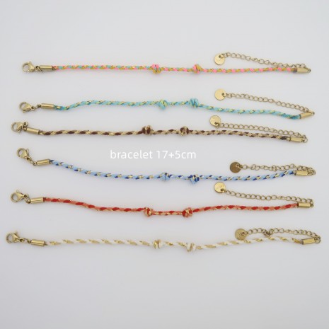 bracelet fil polyester et coton torsadé 2mm en acier inoxydable 17+5cm